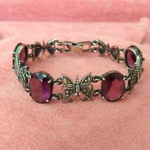 VINTAGE STERLING SILVER MARCASITE BUTTERFLYS AND OVAL AMETHYST LINK BRACELET